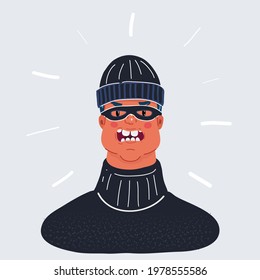 Cartoon vector illustration of outlaw man portrate, wearing balaclava and mask isolated on white. Angry face expressin of criminal male character.