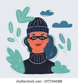 Cartoon Vector Illustration Of Outlaw Woman Portrate, Wearing Balaclava And Mask. Angry Face Expressin Of Criminal Female Character.