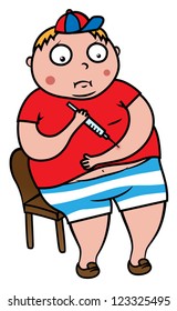 Cartoon vector illustration of overweight boy with diabetes, child makes syringe insulin injection with needle