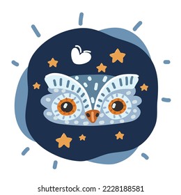 Cartoon vector illustration of owl faces in dark night over dark background