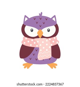 ilustración vectorial de búho aislado en fondo blanco, afiche de invierno con pájaro lindo en bufanda, estilo plano