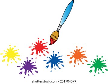A cartoon vector illustration of a paint brush with various different paint splashes