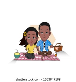 cartoon vector illustration of a pair of black / ebony / African lovers relaxing with a mat on which they have food and food. isolated with a white background.