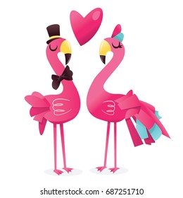 A cartoon vector illustration of a pair of cute pink flamingos in love against isolated white background.