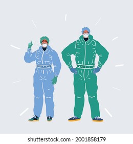 Cartoon vector illustration of pair of doctors, healthcare worker wearing a medical mask for protection from a virus. Coronavirus. Man and woman on white backround.