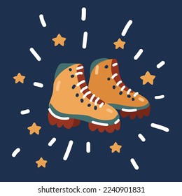 Cartoon vector illustration of pair of hikers boots over dark backrground