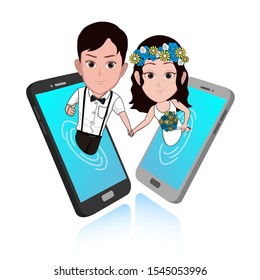 cartoon vector illustration of a pair of lovers coming out of the smart phone screen and they are holding hands. Describe meetings or matches starting from a smartphone application.
