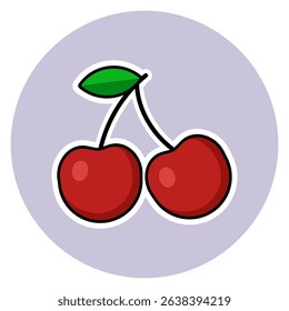 Cartoon vector illustration of a pair of red cherries with a green leaf. A colorful and cheerful fruit icon ideal for kids’ content, summer themes, and healthy food designs.