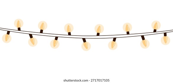 Cartoon vector illustration of a panoramic yellow Christmas light string isolated on transparent background. Clip art for festive banners and holiday decorations