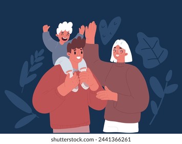 Ilustración vectorial de dibujos animados del padre y sus hijos dando un paseo. Papá sostiene al hijo sobre sus hombros sobre un fondo oscuro