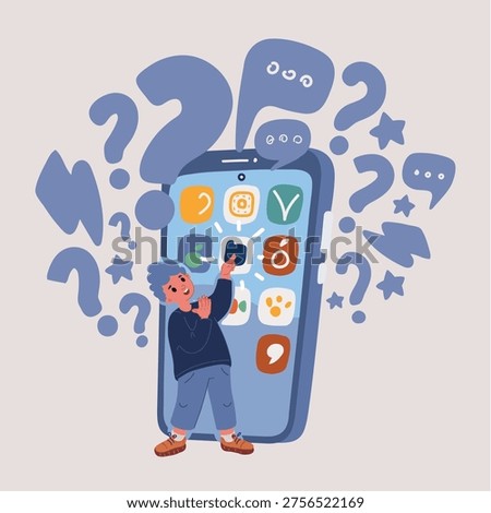 Cartoon vector illustration of Parental control, landing page template. Kid hold mobile phone. Mom monitors use of smartphone by preschooler boy. Cell phone with security app.