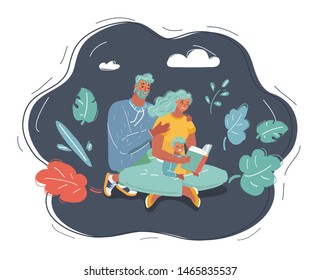 Cartoon vector illustration of Parents Sitting With Children Reading Story Indoors. Mother, father and their child get together. Family concept on dark background.