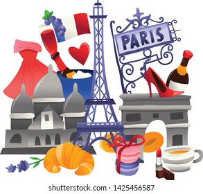 A cartoon vector illustration of Paris culture scene filled with Eiffel tower, french food, shopping and iconic landmarks.