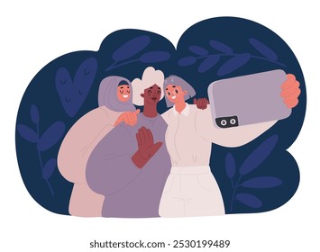 Cartoon vector illustration of Party, champagne and women friends taking selfie picture smiling at camera Laughing women having fun. Portrait photography of girls enjoying together. Afro, muslim, whit