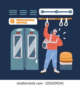 Cartoon vector illustration of passenger man stand in subway train, using mobile smart phone over dark background