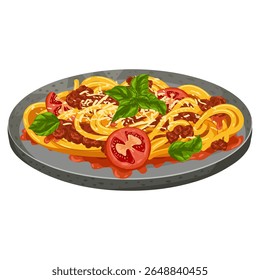 Ilustração do vetor do desenho animado da massa bolonhesa com carne picada, queijo parmesão, tomate, manjericão. Desenhado à mão arte da comida para o design do menu, anúncios culinários, visuais da receita, adesivos, embalagem de alimentos