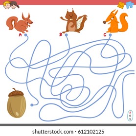 Cartoon Vector Illustration of Paths or Maze Puzzle Activity Game with Squirrel Animal Characters and Acorn