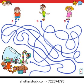 Cartoon Vector Illustration of Paths or Maze Puzzle Activity Game with Children Characters and Sweet Food
