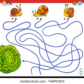 Cartoon Vector Illustration of Paths or Maze Puzzle Activity Game with Snail Characters and Lettuce