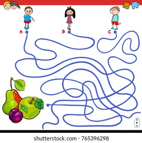Cartoon Vektor Illustration von Paths oder Maze Puzzle Aktivität Spiel mit Kinderzeichen und frische Früchte