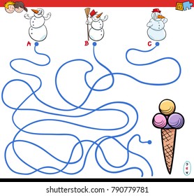 Cartoon Vector Illustration of Paths or Maze Puzzle Activity Game with Snowman Characters and Ice Cream