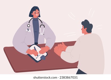 Dibujo vectorial de caricatura del paciente hablando con una médica de atención primaria en la oficina del hospital. Clínica con el médico, conversando con el médico sobre los resultados de la revisión