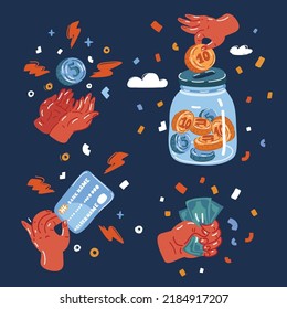 Dibujo vectorial de dibujos animados de Paga por algo, mano sujeta dinero, carrito de crédito, ahorrando dinero por algo en el oscuro entorno