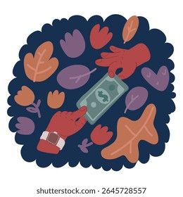 Ilustración vectorial de dibujos animados de Paga por algo, la mano sostiene las facturas sobre fondo oscuro