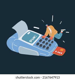 Cartoon vector illustration of Payment terminal and man put his pin code number pushing big buttons over dark background.