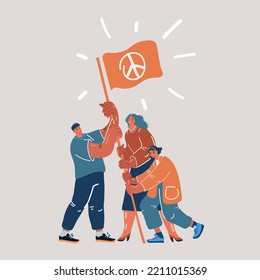 Cartoon Vector Illustration Of Peace Sigh On Flag. People Hoist The Flag