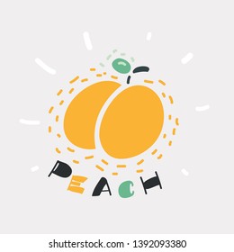 Cartoon vector illustration of peach icon. Isolated vector illustration on white. Lettering name. Funny hand drawn picture. Object on isolated.