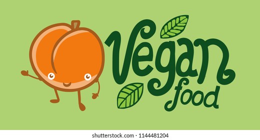 cartoon vector illustration peach logo vegan food lettering