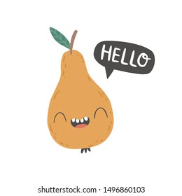 Cartoon vector illustration with pear and text Hello.