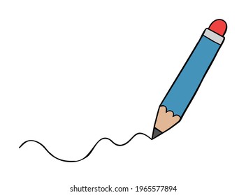 Cartoon vector illustration of pencil draws a wavy line. Colored and black outlines.