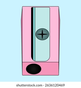 Afiador de lápis de ilustração de vetor de desenhos animados em rosa e azul sobre fundo azul claro. Para voltar ao conceito de papelaria da escola, educação visual, tema educacional, decoração da sala de aula, e site da escola.
