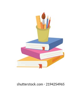 Cartoon vector illustration of pencil stand on top of stack books.Back to school concept.