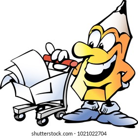 Cartoon Vector illustration of a Pencil standing in front of a Shopping Cart