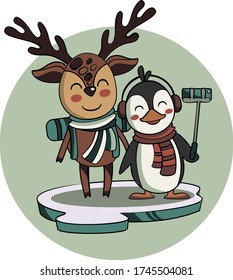 Dibujo vectorial de dibujos animados de viajeros de mochilera de pingüino y venado haciendo selfie