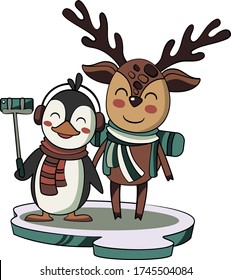 Cartoon vector illustration of a penguin and deer backpacking travelers making a selfie