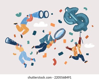 Cartoon Vector Illustration Of People Balancing Fly And Floating In Sky Searching For Business Opportunity. Startup Team.