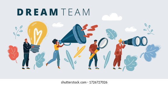 Cartoon vector illustration of people with big object. Successful dream team, teamwork in business concept. Man and woman with lamp, megaphone, magnifying lens, binoculars