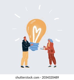 Cartoon vector illustration of people brainstorming. Teamwork concept. Man, woman and big giant bulb as idea symbol. Characters on white backround.