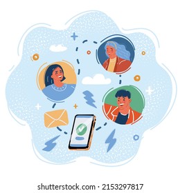 Cartoon vector illustration of People Characters using Mobile App for Dating and Communication. Woman and man chatting on smartphones. Friends Talking and Laughing together. Social Media Concept