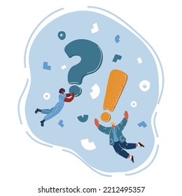 Cartoon vector illustration of People Characters flying Exclamations and Question Marks. Woman and Man. Online Support center. Frequently Asked Questions Concept.