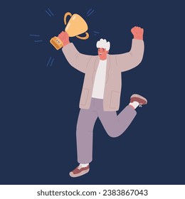 Cartoon vector illustration of People Characters with Prize, Golden Cup. Business Team Success, Achievement Concept over dark backround