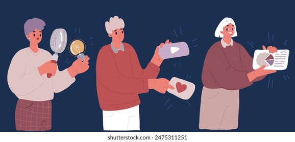 Cartoon vector illustration of People Characters Holding Big Objects Like Light Bulb and Magnifying Glass over dark backround