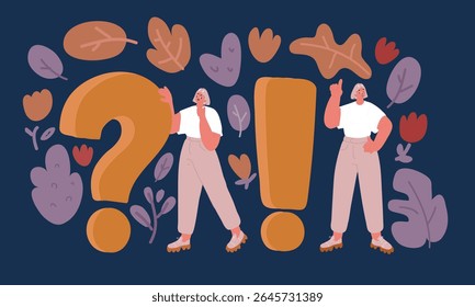 Cartoon vector illustration of People Characters Standing near Exclamations and Question Marks. Woman Ask Questions and receive Answers. Online Support center. Frequently Asked Questions