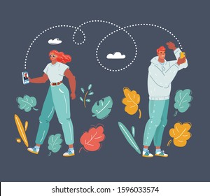 Cartoon vector illustration of people chatting on the phone. Man and woman on dark background.