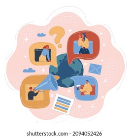 Ilustración vectorial de dibujos animados de personas se comunican entre ellas. Concepto de conversación global en línea.