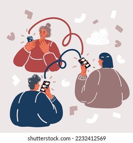 Cartoon vector illustration of people connection each other with phones. Man watching news on mobile smart phone and women send eack other messages. College students, networking